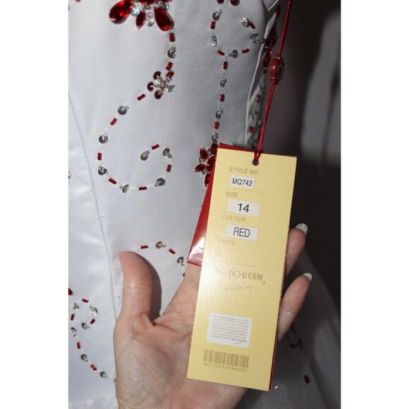 MayQueen#742 Satin & Tulle Beaded Prom Or Wedding Gown-Size 14-WHITE/RED-NWT - Picture 7 of 7